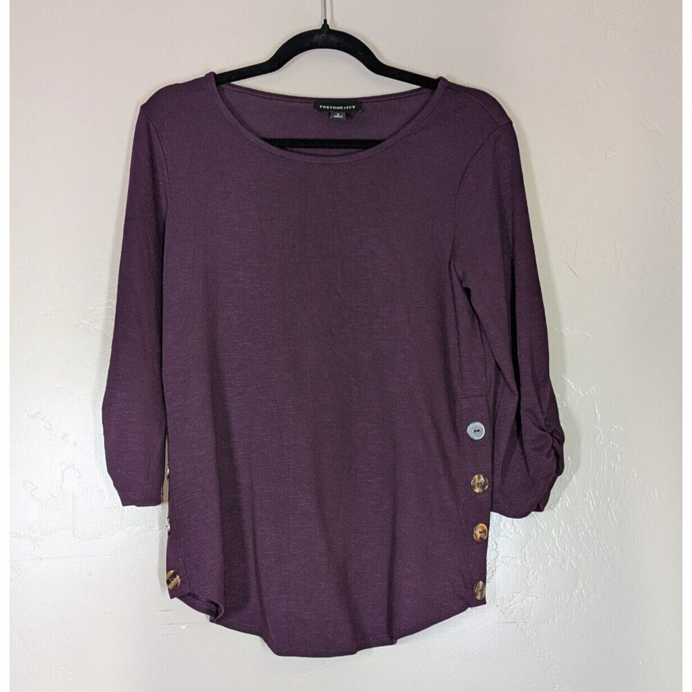 Fortune + Ivy  Amiel Button Ruched Sleeve Purple Plum Soft‎  Knit Top Small